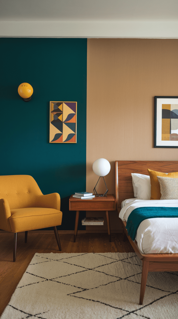 Write a description on "Mid-Century Modern Guest Bedroom" within 100 words