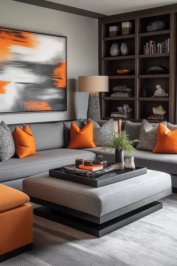 Bold Black Living Room with Rust Accents