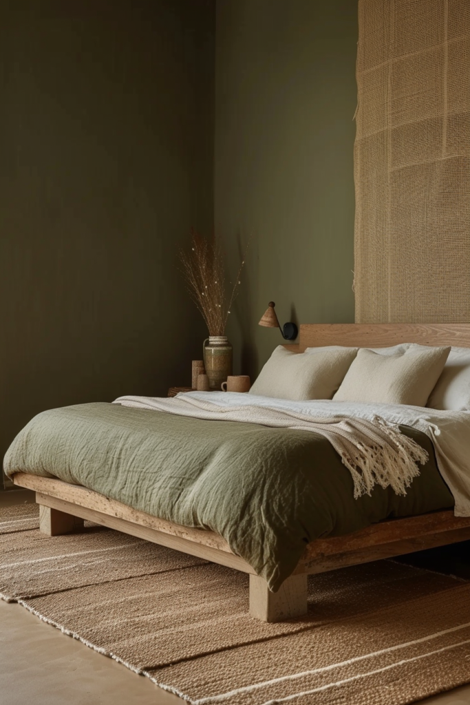 Earthy Olive Green Walls and Wooden Bed Frame