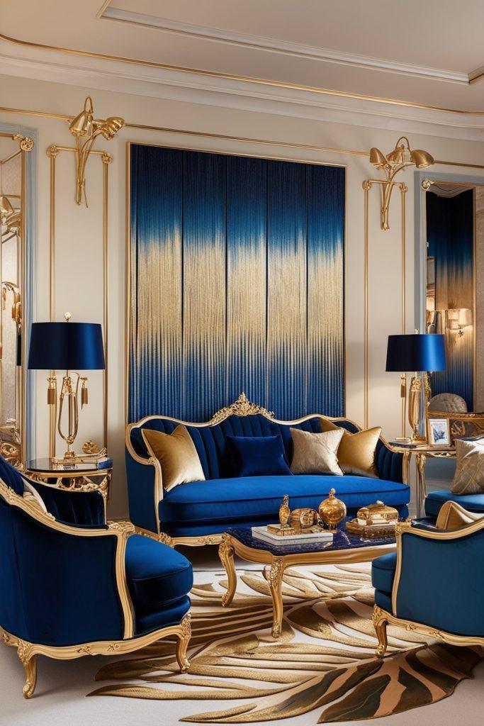 Deep Blue & Light Gold Living Room Design