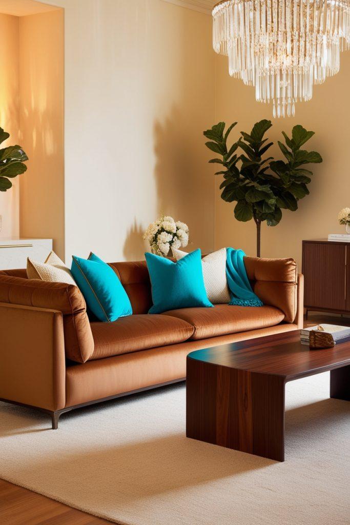 Tan Sofa With Wooden Table