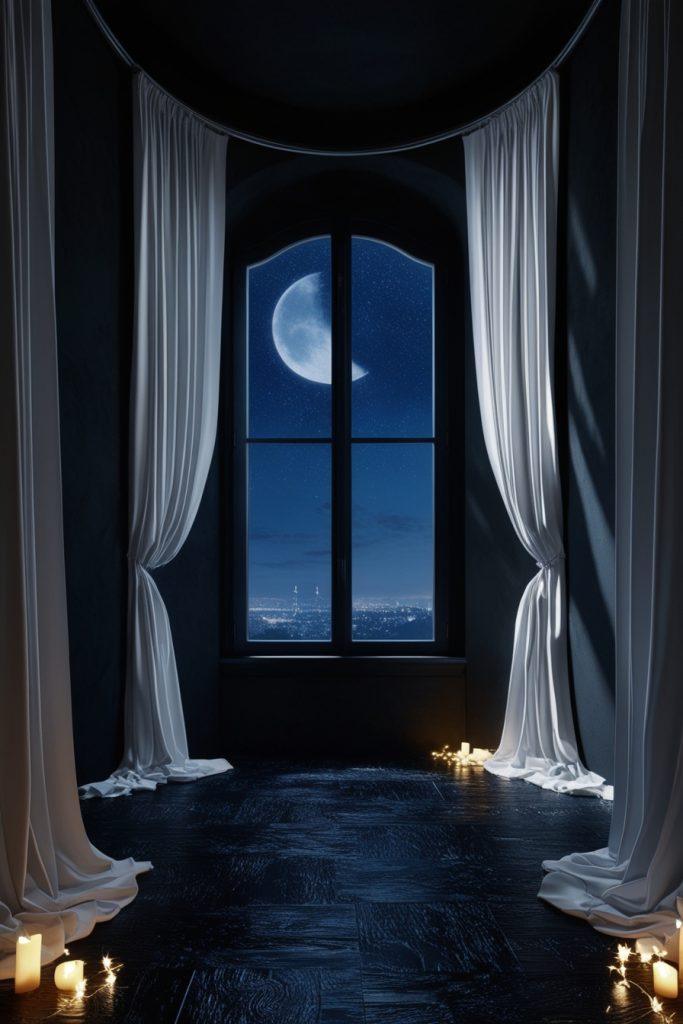 A dark bedroom with a view