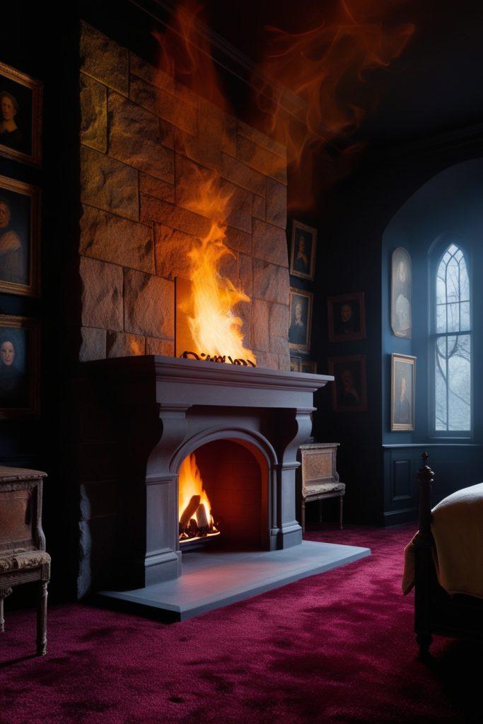 A dark bedroom with a fireplace