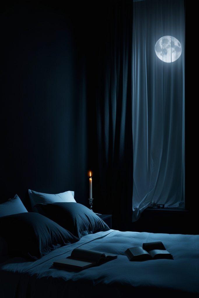 A dark bedroom with a black wall