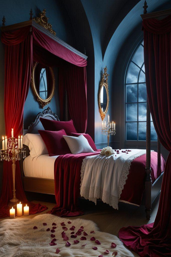 A moody romantic bedroom with a four poster bed