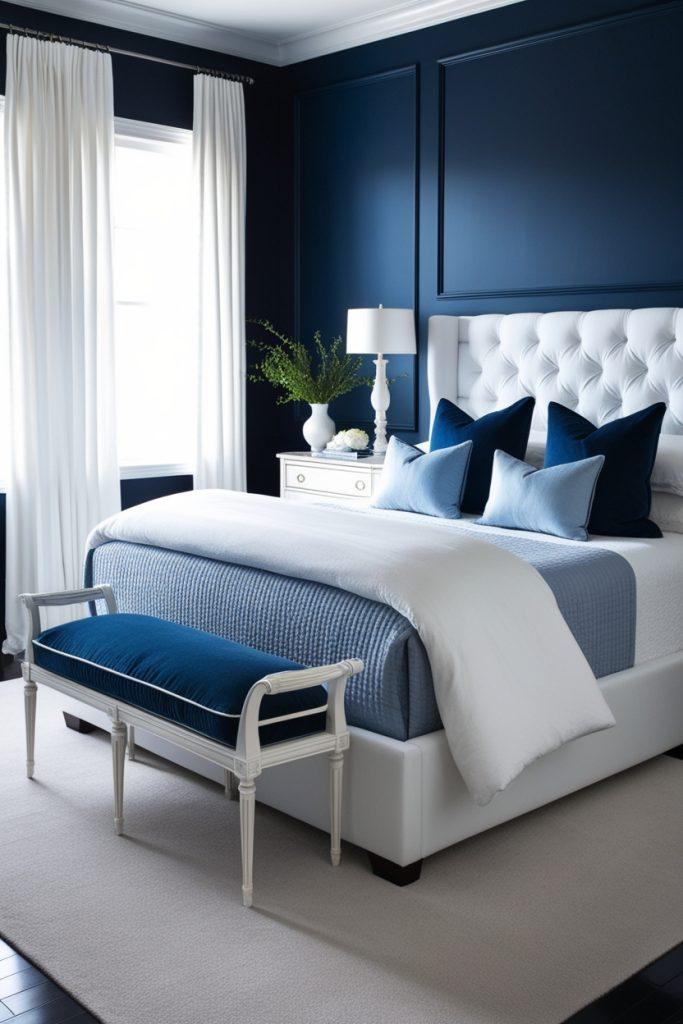 Blue and white bedroom with a dark blue accent wall