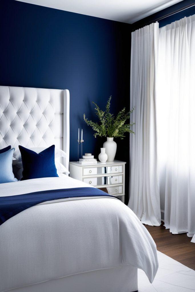 Blue and white bedroom with a dark blue accent wall