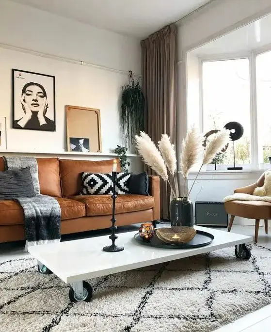 A boho meets Scandinavian living room Tan Sofa