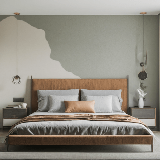 Dark blue accent wall in a light gray bedroom