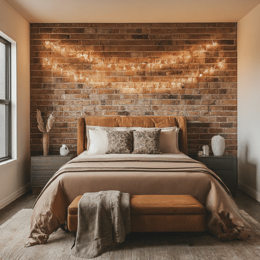 Dark blue accent wall in a light blue bedroom