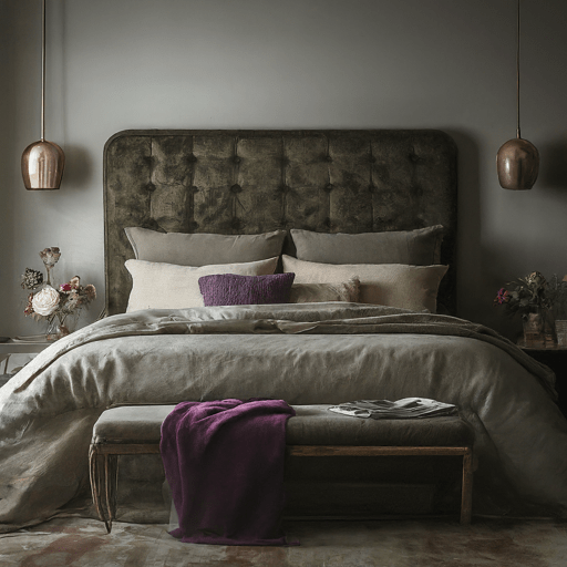 A dark bedroom with a headboard wall