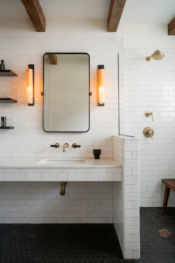 White and Black Bathroom With Gold Accents
